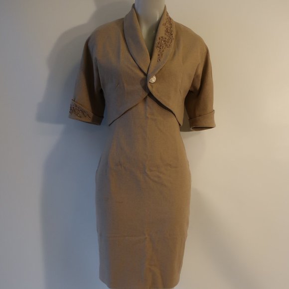 Women Cynthia Rose 2pc Camel Tank Dress W/Matching Crop Blazer S - Picture 2 of 11
